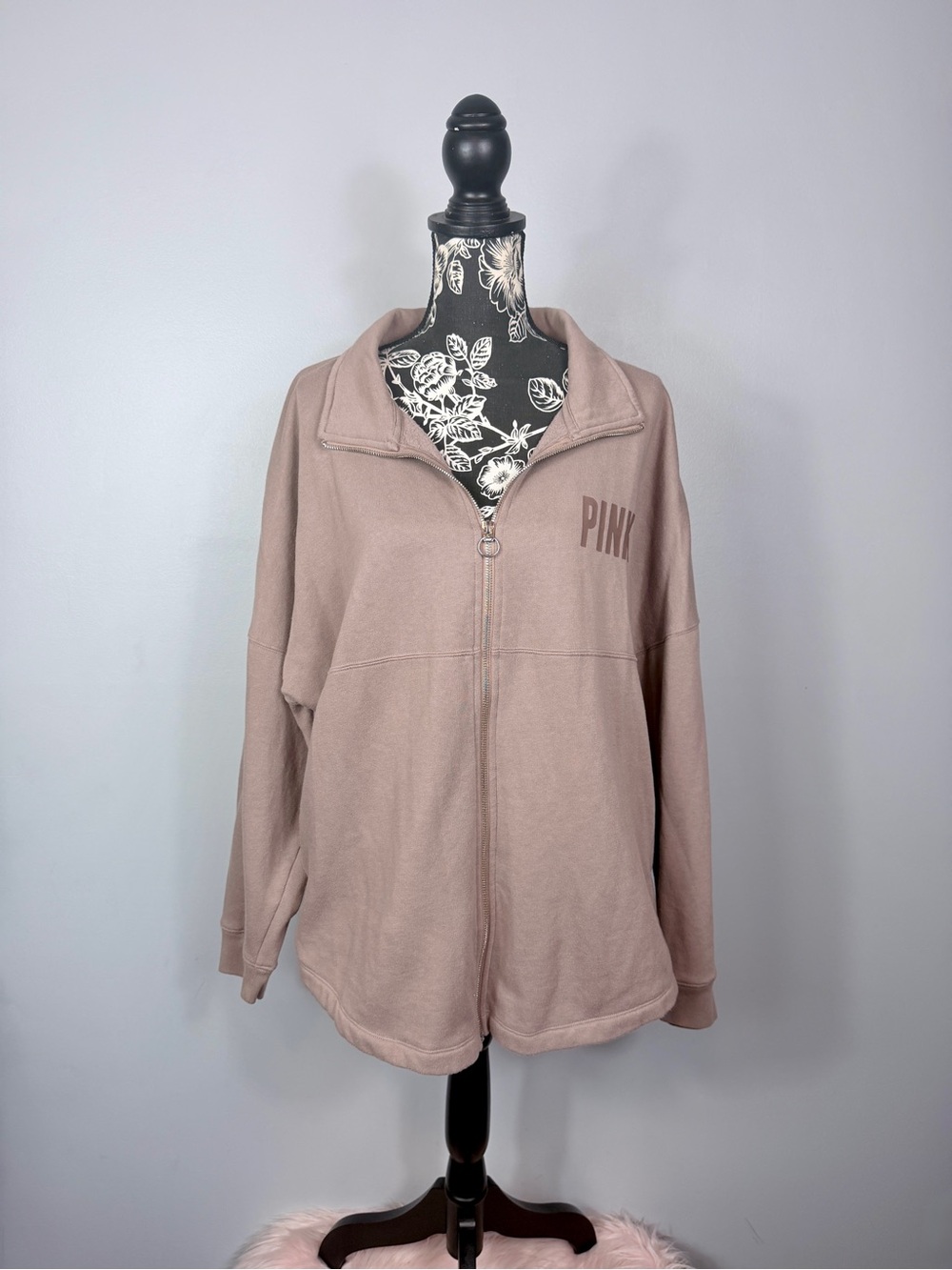 VS Pink neutral mauve full zip oversize long sleeve pullover jacket size large